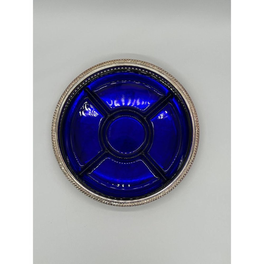Vintage Cobalt Blue Divided Appetizer/Veggie/Dip Tray on Silver Color Platter - Picture 5 of 8